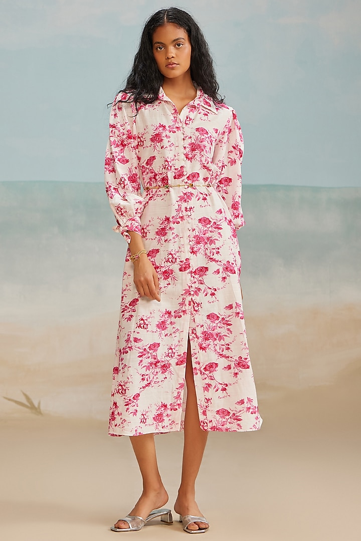 White & Pink Slub Printed Shirt Dress by THE IASO at Pernia's Pop Up Shop