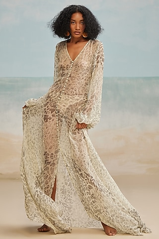 Grey Crinkle Chiffon Printed Slip-On Maxi Dress by THE IASO