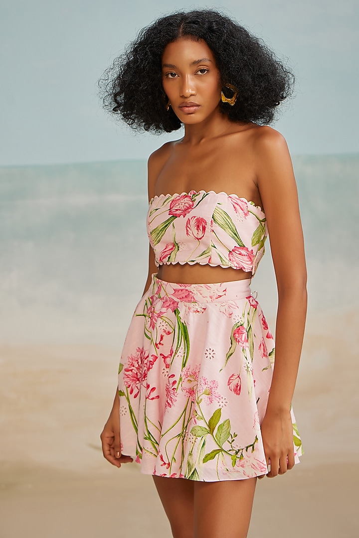 Pink slub Schiffli Printed Tube Bandeau by THE IASO at Pernia's Pop Up Shop