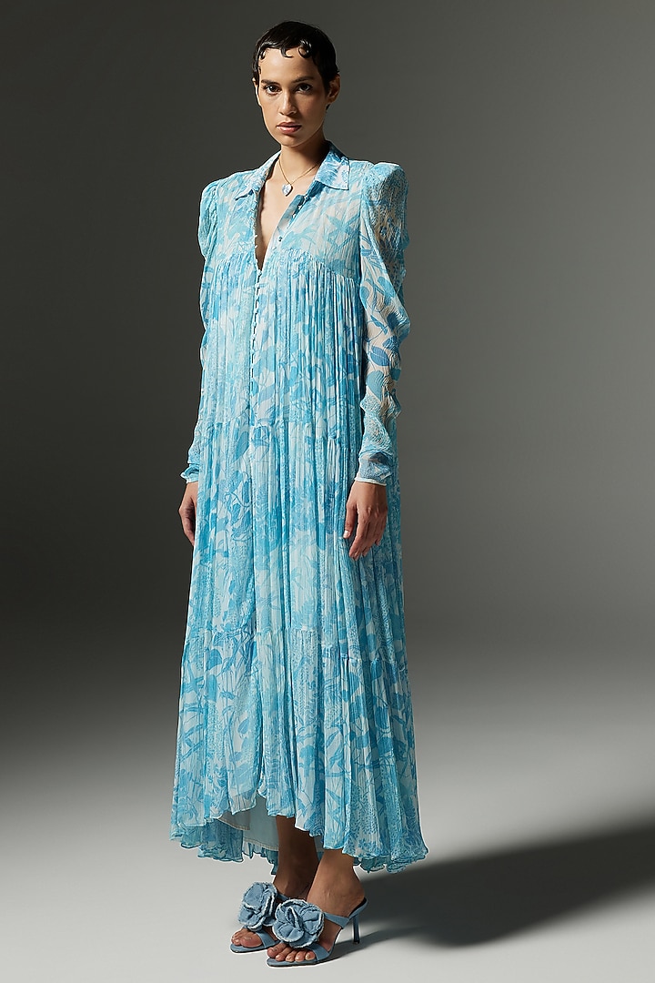 aqua printed chiffon maxi dress Printed Chiffon Maxi Dress
