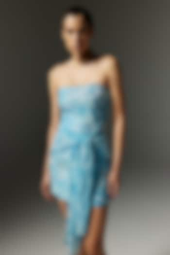 Aqua Viscose Crinkle Chiffon Printed Ruched Tube Dress by THE IASO at Pernia's Pop Up Shop