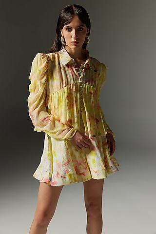 Butter Yellow Crinkle Chiffon Printed Crop Top by THE IASO