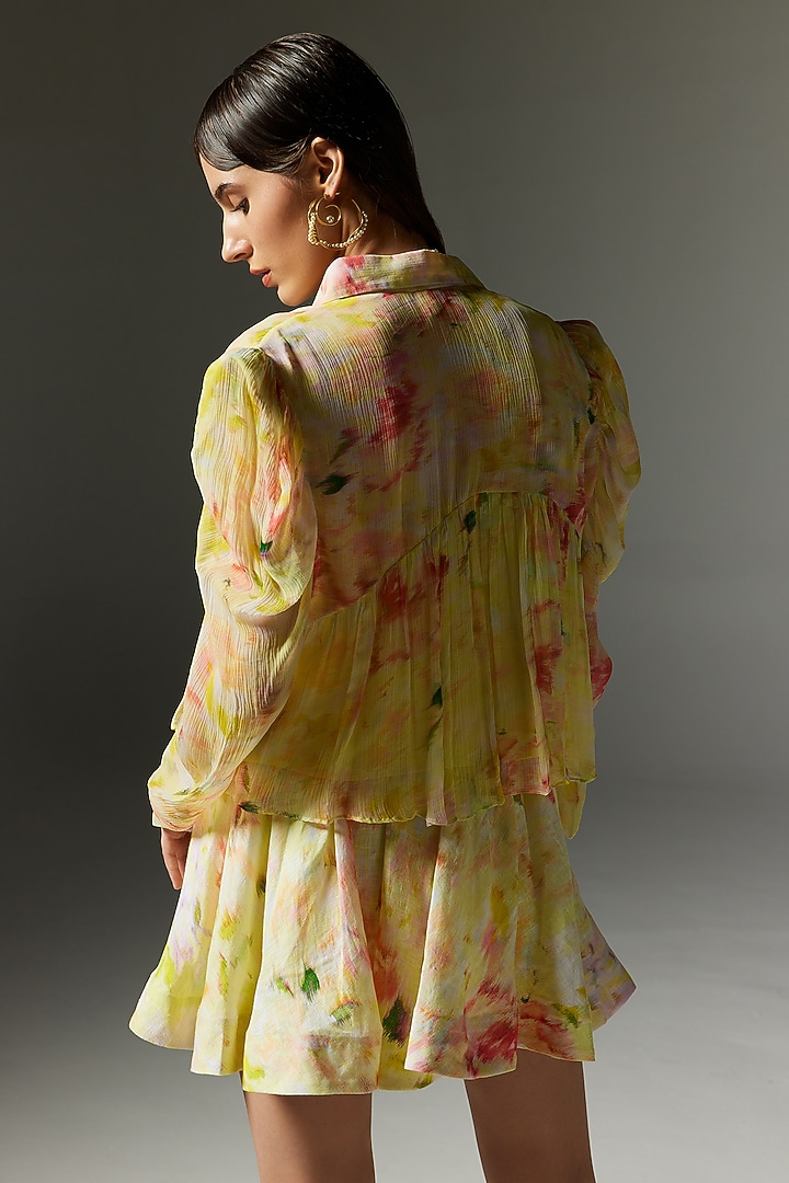 Butter Yellow Crinkle Chiffon Printed Crop Top by THE IASO at Pernia's Pop Up Shop