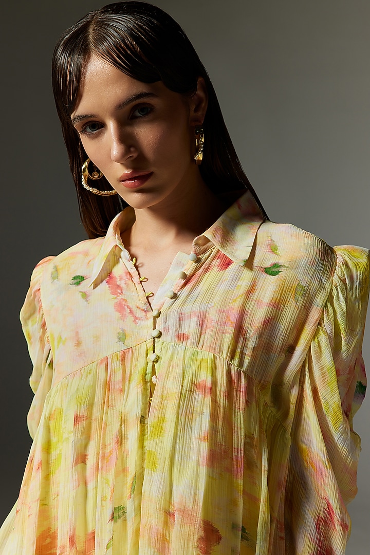 Butter Yellow Crinkle Chiffon Printed Crop Top by THE IASO at Pernia's Pop Up Shop