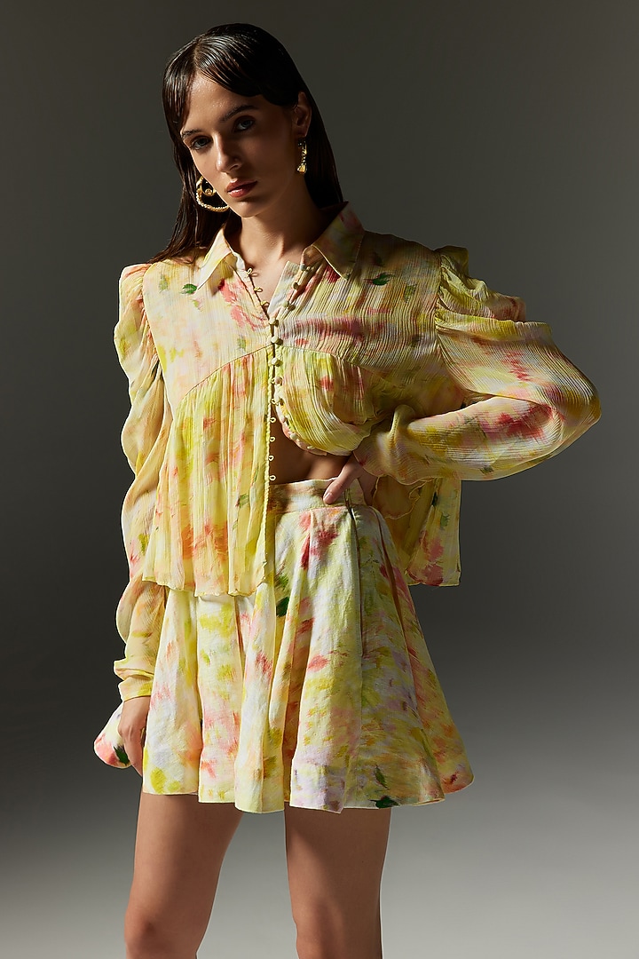 Butter Yellow Crinkle Chiffon Printed Crop Top by THE IASO at Pernia's Pop Up Shop