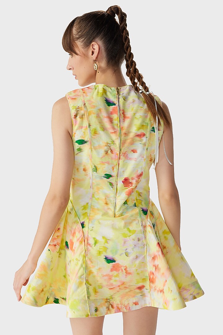 Butter Yellow Cotton Poplin Printed Mini Skater Vacation Dress by THE IASO at Pernia's Pop Up Shop