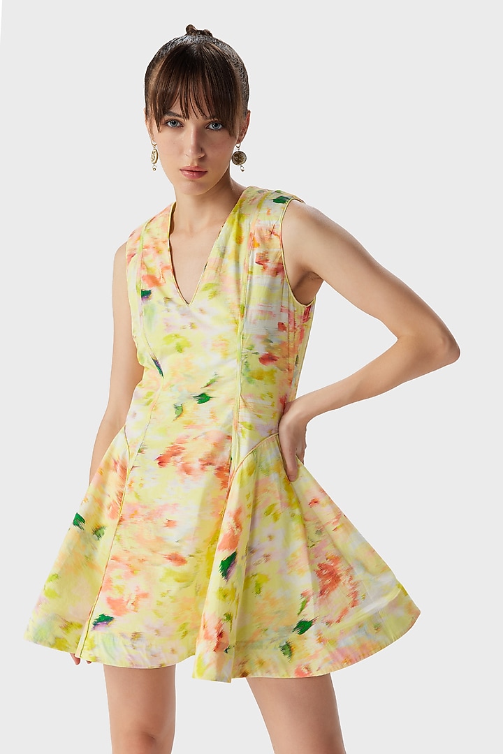 Butter Yellow Cotton Poplin Printed Mini Skater Vacation Dress by THE IASO at Pernia's Pop Up Shop