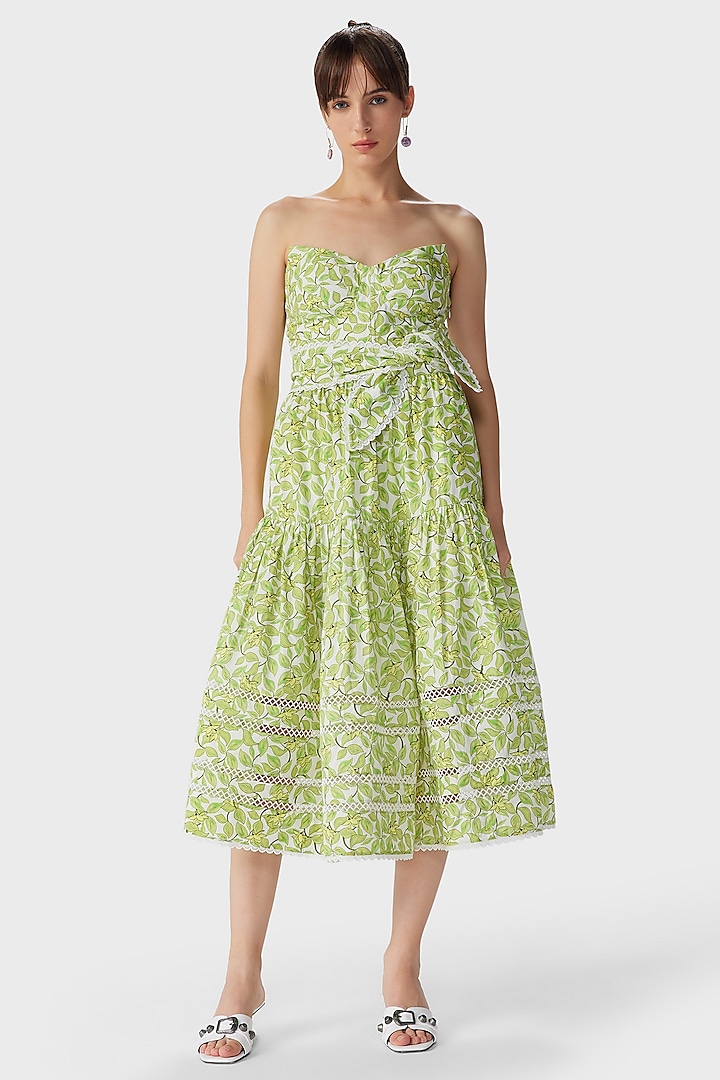 Green Cotton Poplin Printed Corset Maxi Dress by THE IASO at Pernia's Pop Up Shop