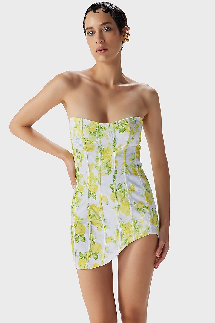 White & Yellow Italian Cotton Satin Printed Mini Dress by THE IASO at Pernia's Pop Up Shop