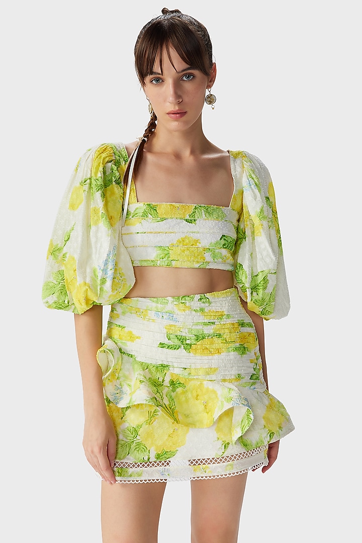 White & Yellow Self Cotton Dobby Printed Crop Top by THE IASO