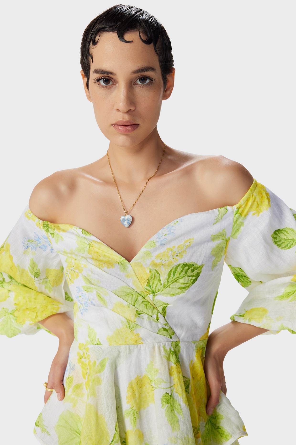 White & Yellow Linen Printed Off-Shoulder Mini Dress by THE