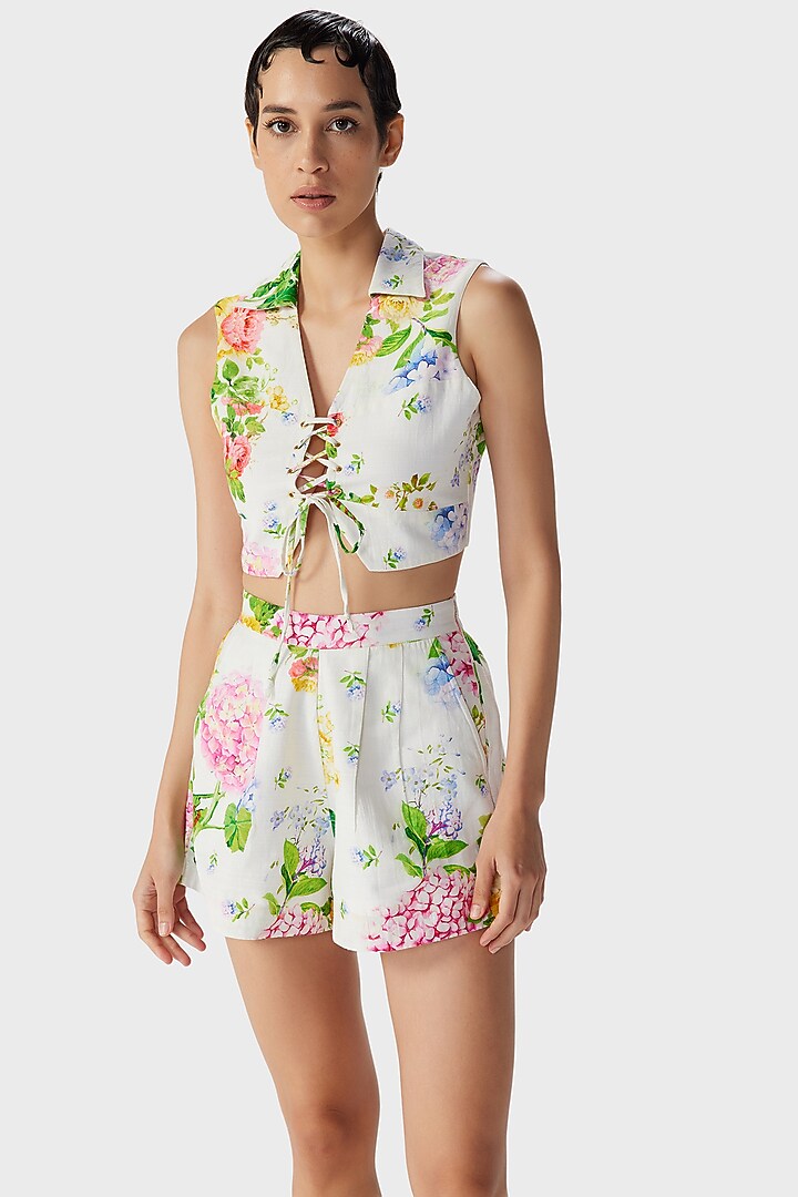 Off-White Self Slub Cotton Printed Shorts by THE IASO at Pernia's Pop Up Shop