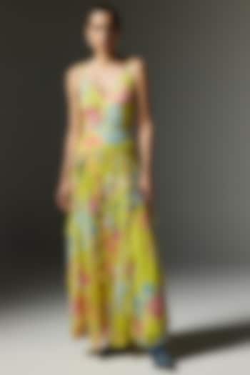 Yellow Crinkle Chiffon Floral Printed Strappy Maxi Dress by THE IASO