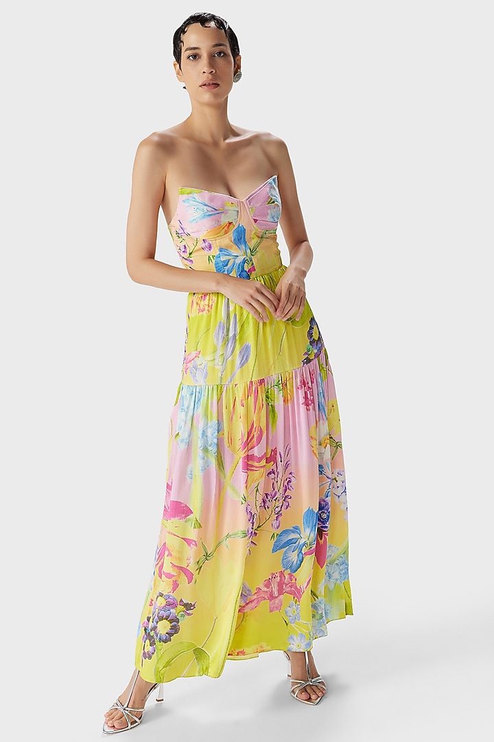 Yellow Silk Satin Floral Printed Ombre Corset Midi Dress by THE IASO