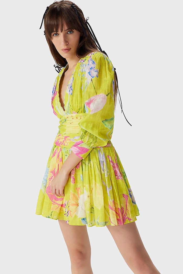 Yellow Self Cotton Printed Mini Vacation Dress by THE IASO at Pernia's Pop Up Shop