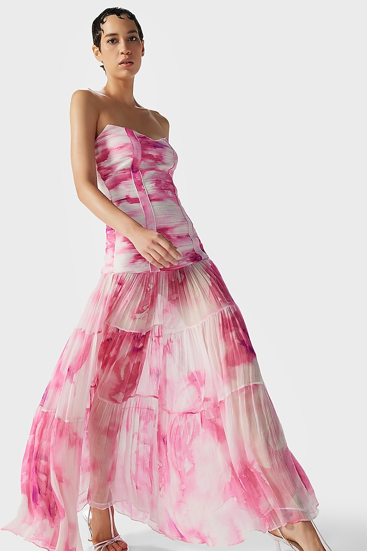 White & Pink Crinkle Chiffon Printed Ruched Dress by THE IASO at Pernia's Pop Up Shop