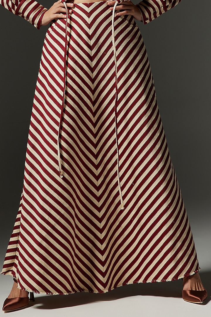 Maroon & Cream Cotton Jacquard Striped A-Line Skirt by THE IASO