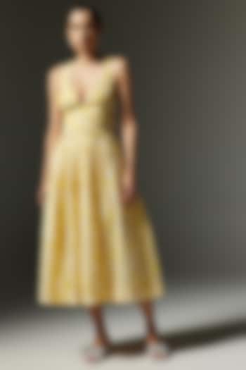Yellow & Cream Cotton Jacquard Striped Midi Dress by THE IASO