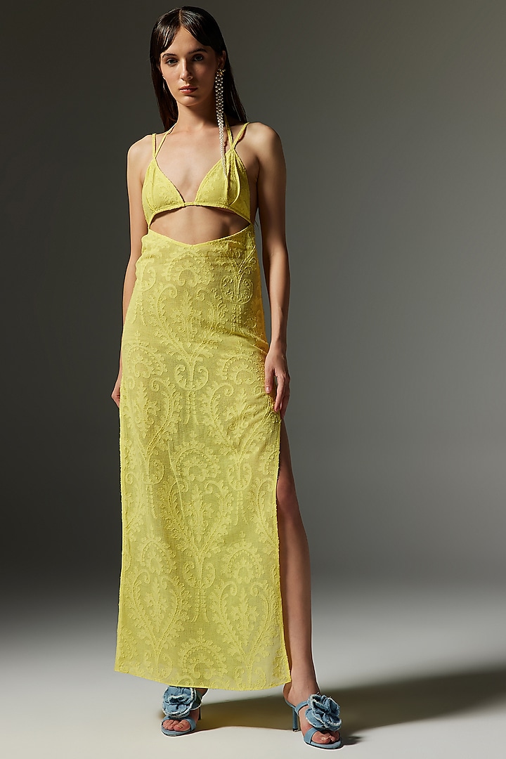 Lemon Yellow Mesh Cotton Jacquard Strappy Dress by THE IASO