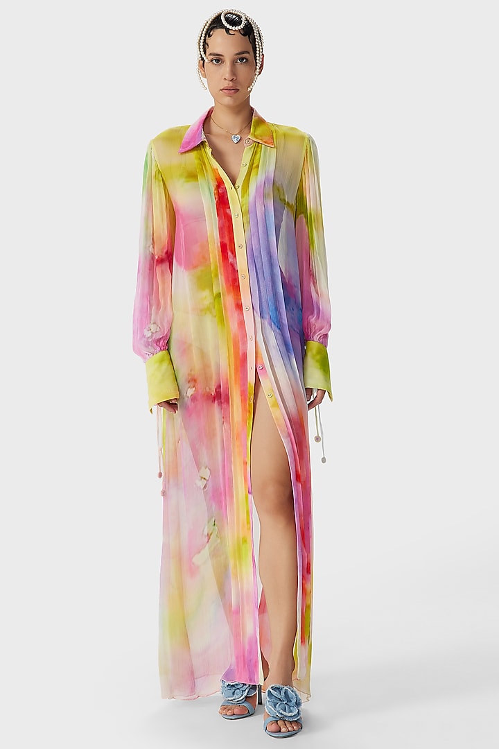 Multi-Colored Crinkle Cotton Printed Long Shirt Dress by THE IASO