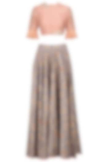 Grey Ikat Print Skirt and Peach Floral Embroidered Crop Top Set by I AM DESIGN