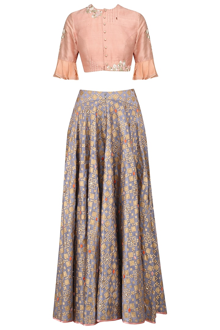 Grey Ikat Print Skirt and Peach Floral Embroidered Crop Top Set by I AM DESIGN