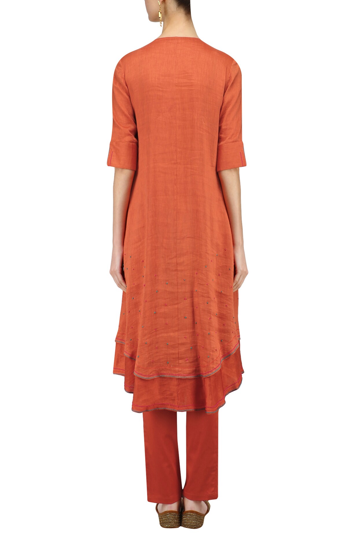 Rust Cotton Thread Work Kurta Pant with Digital Print Dupatta