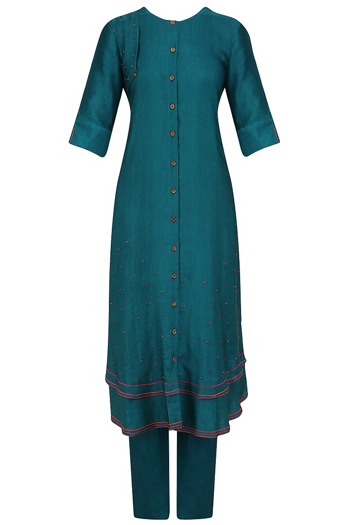 Teal kurta and pants with ikat print dupatta available only at Pernia's Pop Up Shop.