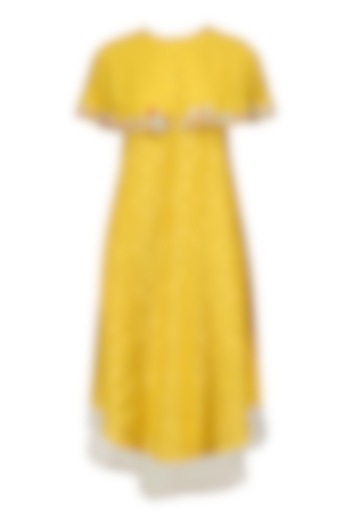 Mustard Yellow Floral Layered Cape Style Dress by I AM DESIGN
