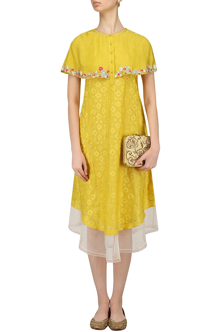 Mustard yellow floral layered cape style dress available only at Pernia's Pop Up Shop.