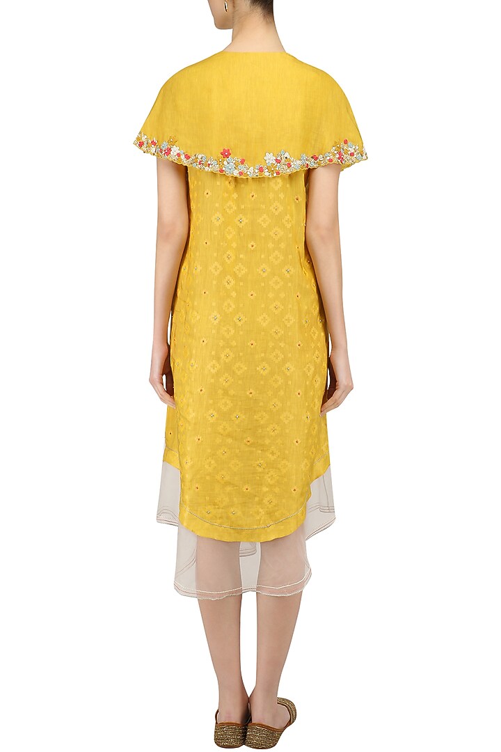 Mustard yellow floral layered cape style dress available only at Pernia's Pop Up Shop.