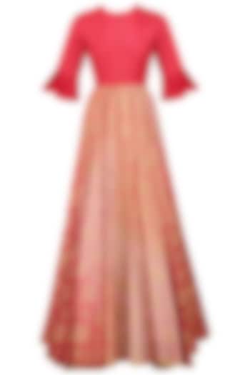 Peach Pink Ikat Print Ombre Shaded Gown by I AM DESIGN