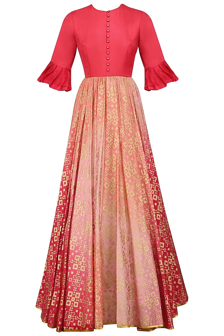Peach Pink Ikat Print Ombre Shaded Gown by I AM DESIGN