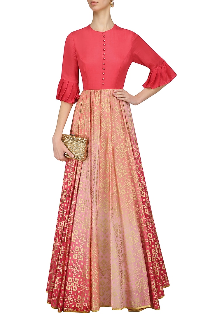 Peach pink ikat print ombre shaded gown available only at Pernia's Pop Up Shop.