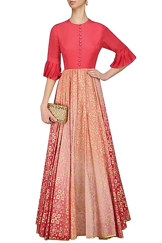 Peach Pink Ikat Print Ombre Shaded Gown by I AM DESIGN