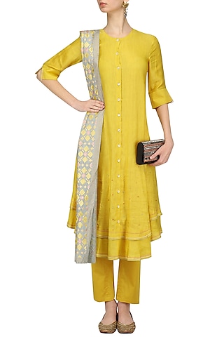 Mustard Hand Embroidered Layered Kurta and Pants Set by I AM DESIGN