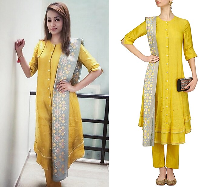 Mustard hand embroidered layered kurta and pants set available only at Pernia's Pop Up Shop.