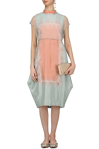 Mint Tye and Dye Kantha Embroidered Dress with Crop Jacket by I AM DESIGN