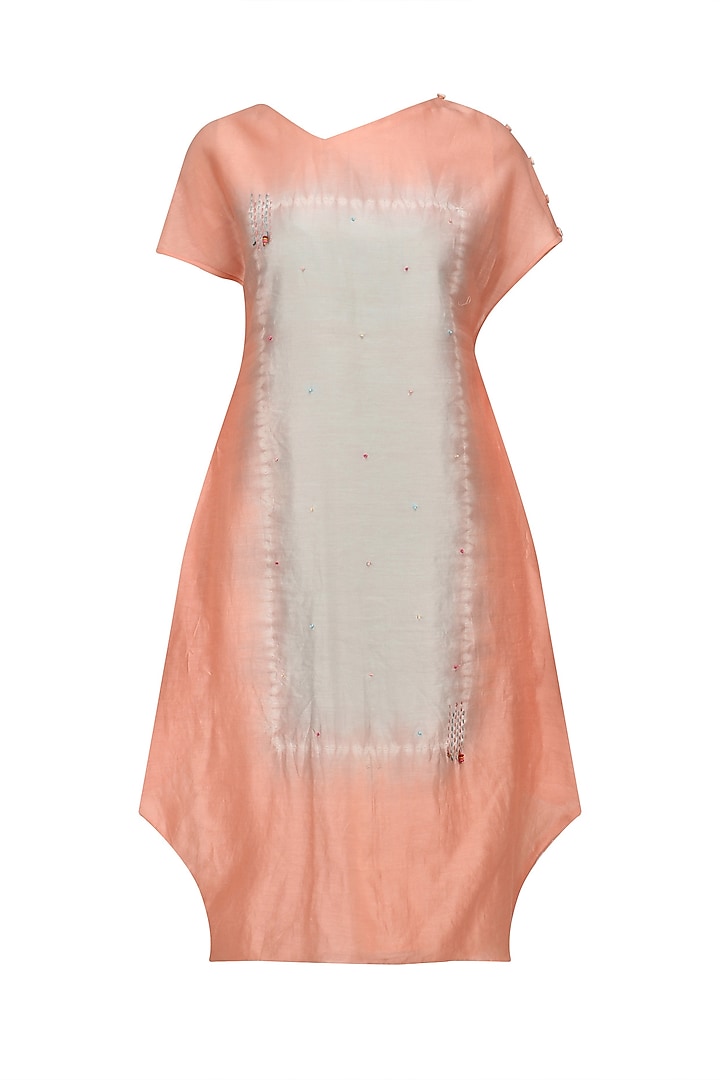 Peach Tye and Dye Kantha Embroidered Dress by I AM DESIGN