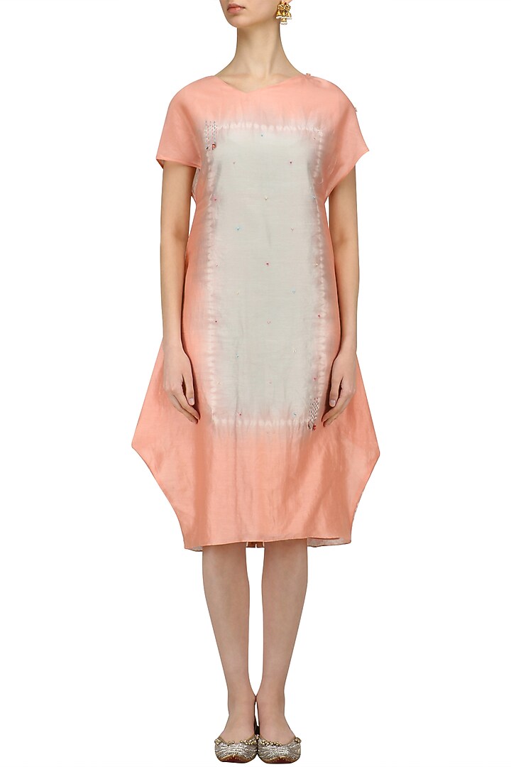 Peach tye and dye kantha embroidered dress available only at Pernia's Pop Up Shop.