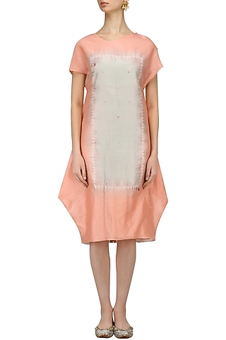 Peach Tye and Dye Kantha Embroidered Dress by I AM DESIGN