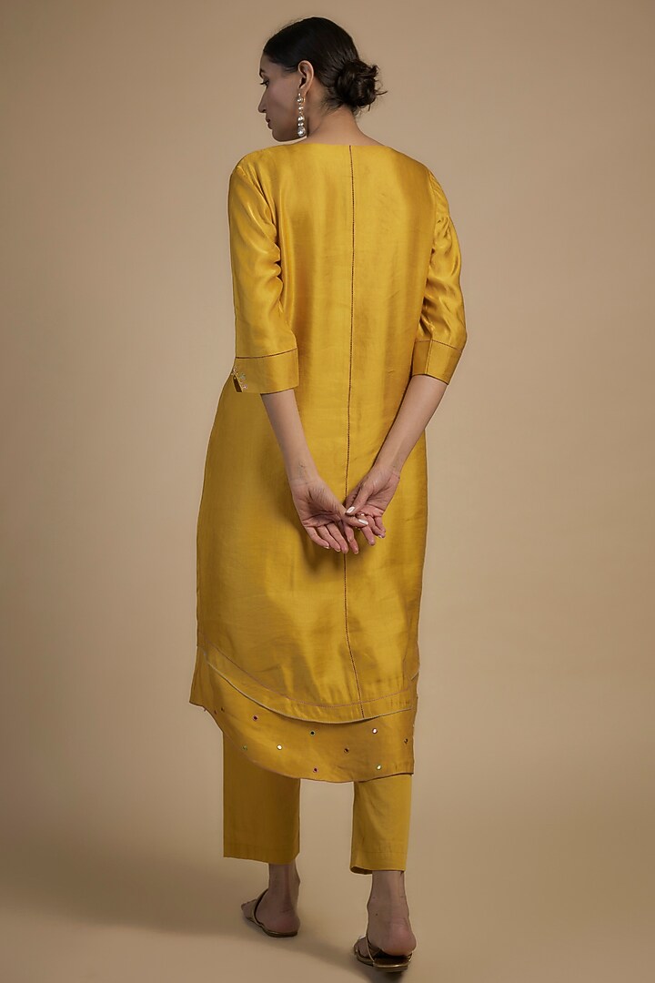 Yellow Linen Satin Motif & Sequins Embroidered Kurta Set by I Am Design at Pernia's Pop Up Shop