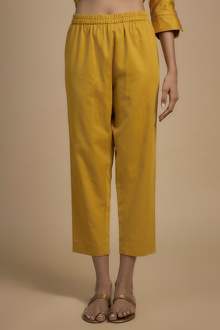 Yellow Linen Satin Motif & Sequins Embroidered Kurta Set by I Am Design at Pernia's Pop Up Shop