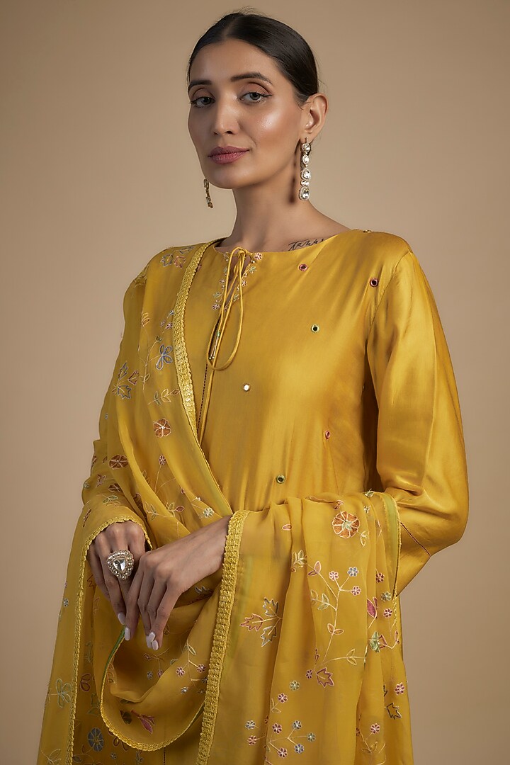Yellow Linen Satin Motif & Sequins Embroidered Kurta Set by I Am Design at Pernia's Pop Up Shop