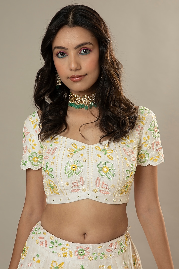 French Vanilla Candy Hand Embroidered Raw Silk Bridal Lehenga Set by I AM DESIGN at Pernia's Pop Up Shop