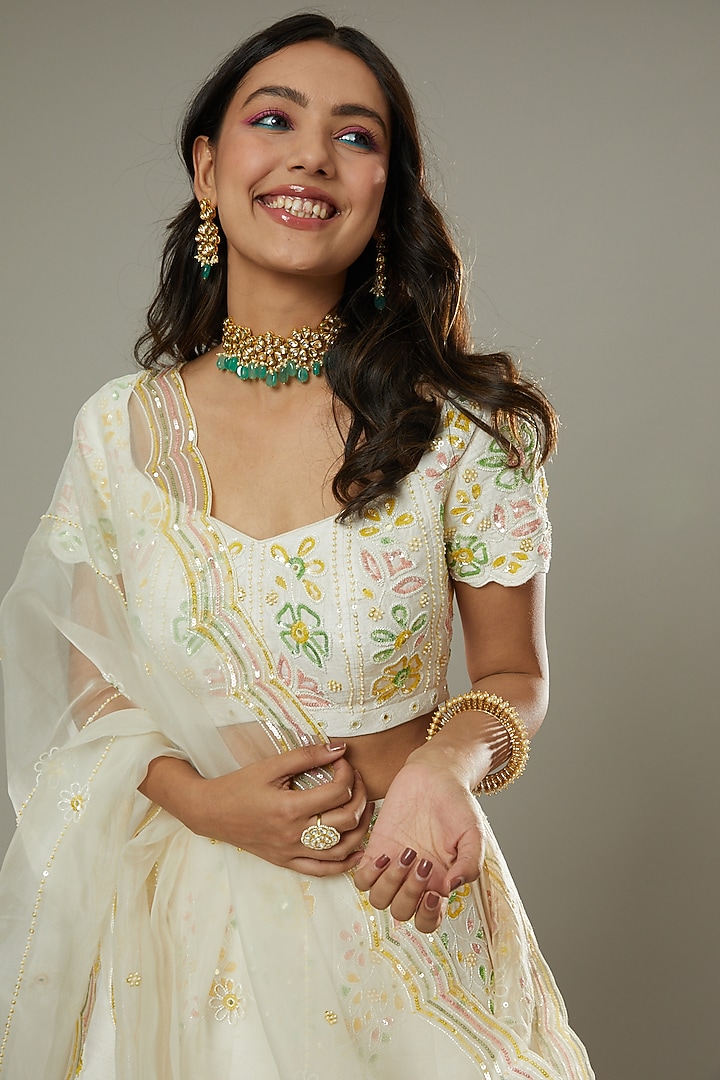 French Vanilla Candy Hand Embroidered Raw Silk Bridal Lehenga Set by I AM DESIGN at Pernia's Pop Up Shop