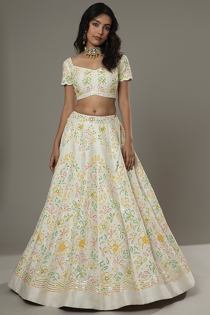 French Vanilla Candy Hand Embroidered Raw Silk Bridal Lehenga Set by I AM DESIGN at Pernia's Pop Up Shop