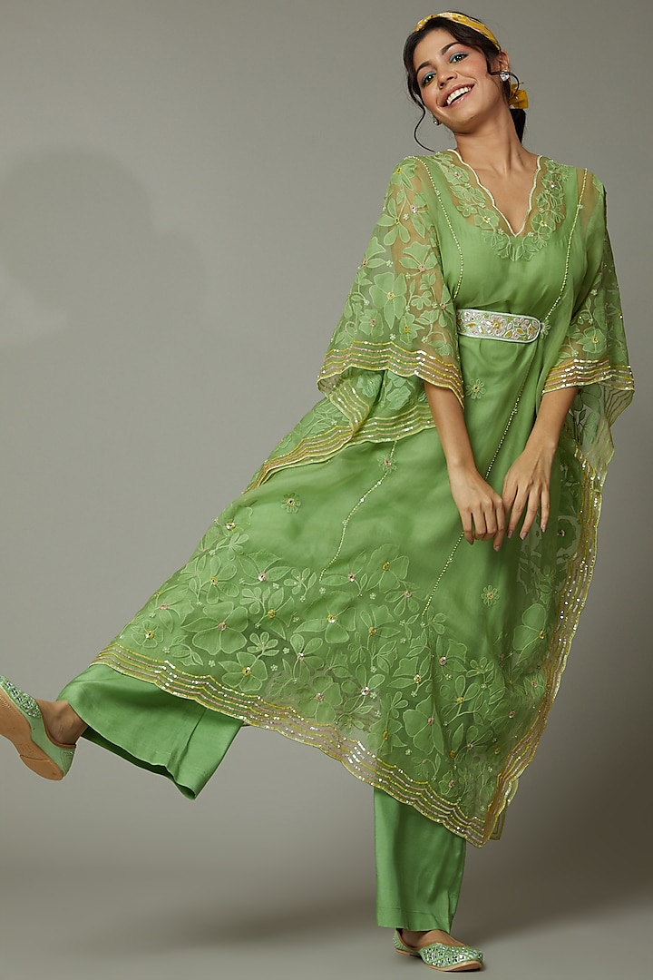 Green Apple Candy Applique & Hand Embroidered Kaftan Set  by I AM DESIGN