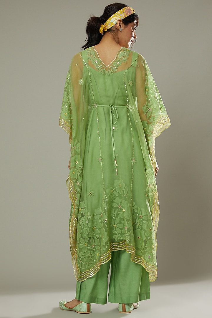 Green Apple Candy Applique & Hand Embroidered Kaftan Set by I AM DESIGN at Pernia's Pop Up Shop