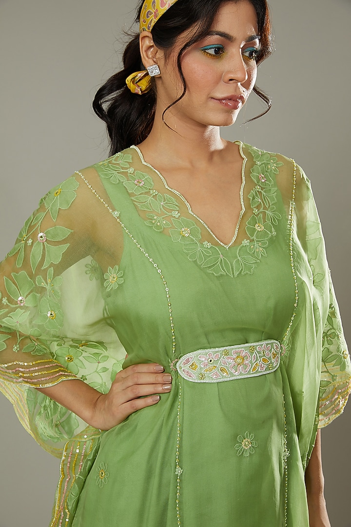 Green Apple Candy Applique & Hand Embroidered Kaftan Set by I AM DESIGN at Pernia's Pop Up Shop